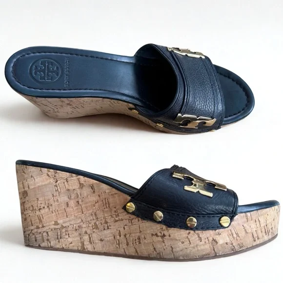 TORY BURCH Navy Leather Ines Cork Wedge Sandals - Gold Logo w/ shoe bag 9M - Picture 3 of 9
